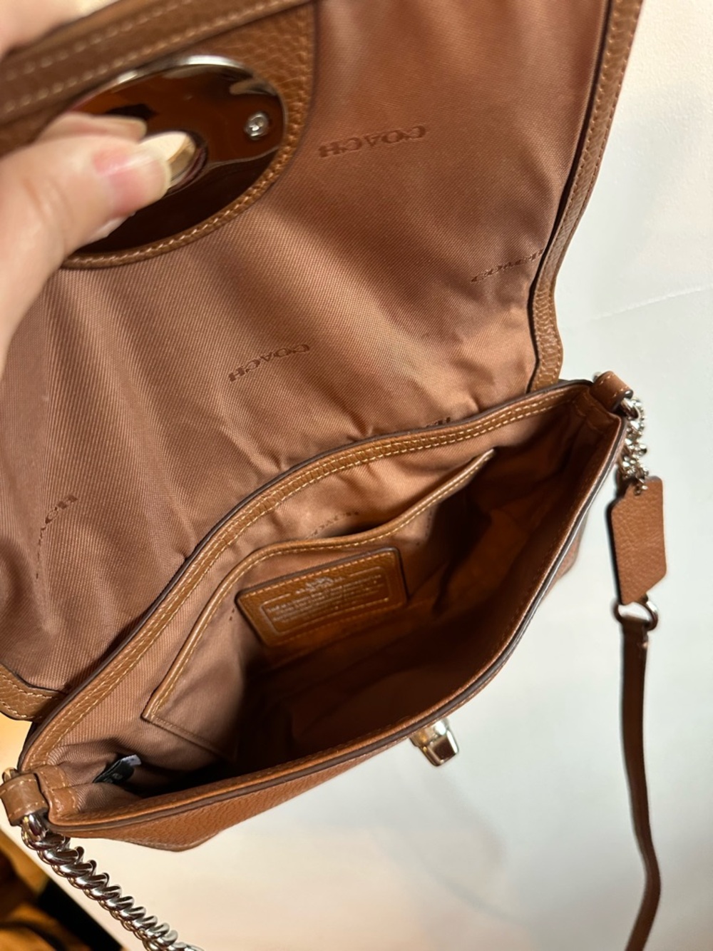 Coach Brown pebbled Leather Shoulder purse with Chain Strap - Picture 9 of 14